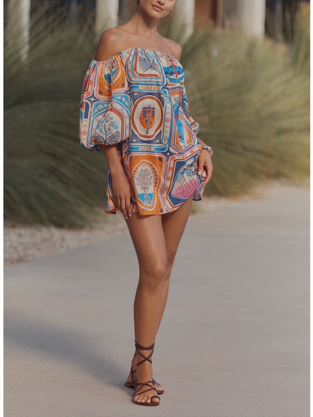 Farm Rio x Anthropologie Off-The-Shoulder Cover-Up Mini Dress. NWT Cerrado Stamp